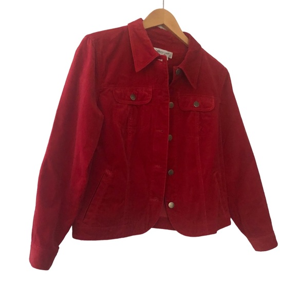 Coldwater Creek velvet jacket 100% cotton jeans style pockets cherry red PM - Picture 1 of 5